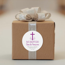 Pegatina Redonda Bautismo en español simple cruz Bautizo y hojas