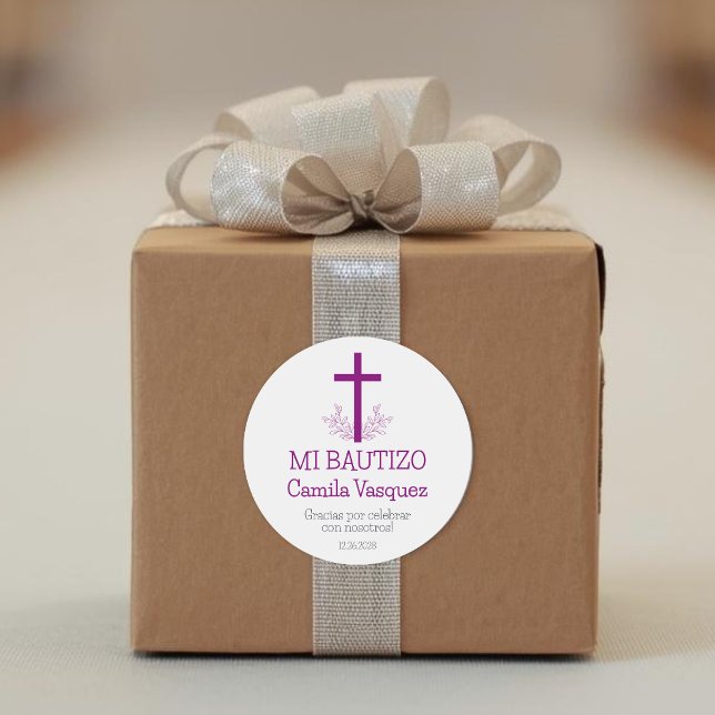 Pegatina Redonda Bautismo en español simple cruz Bautizo y hojas (Subido por el creador)