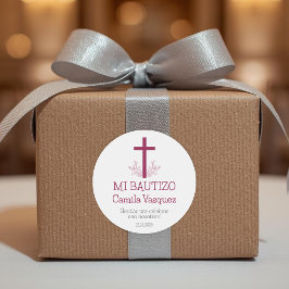 Pegatina Redonda Bautismo en español simple cruz Bautizo y hojas