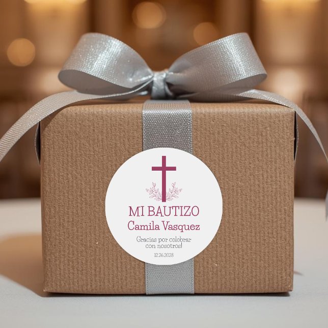 Pegatina Redonda Bautismo en español simple cruz Bautizo y hojas (Subido por el creador)