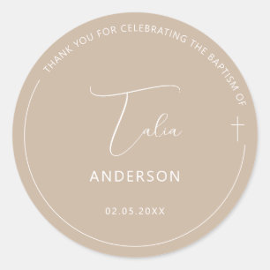 Pegatina Redonda Bautismo minimalista Cruce Beige simple