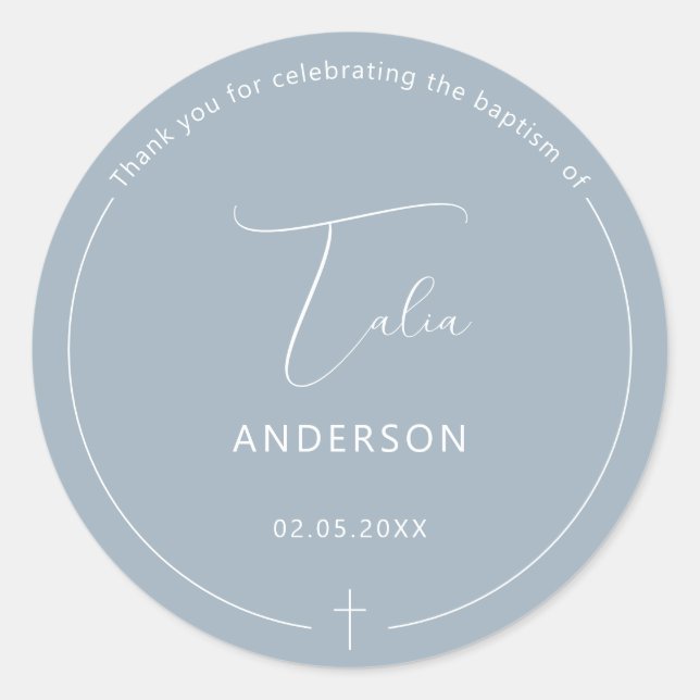 Pegatina Redonda Bautismo Minimalista Cruz Simple Azul (Anverso)