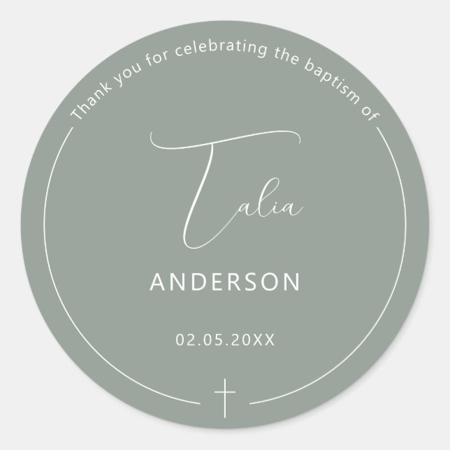 Pegatina Redonda Bautismo Minimalista Simple Cruz Salvia (Anverso)