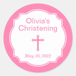 Pegatina Redonda Bautismo moderno de la Cruz Rosa