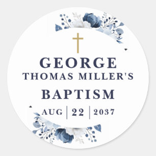 Pegatina Redonda Bautizo Botánico Moderno Azul Marino