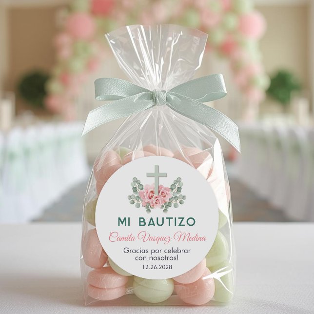 Pegatina Redonda Bautizo cute rosas rosas rosas y deja el bautismo  (Subido por el creador)