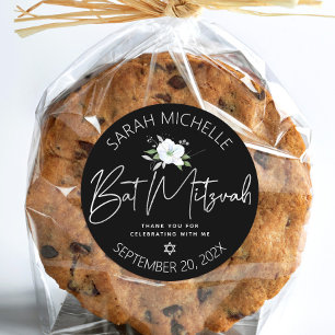 Pegatina Redonda Bautizo de Murciélago Negro Plata Escritura Floral