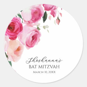 Pegatina Redonda Bautizo de niña floral moderno rosa