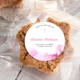 Pegatina Redonda Bautizo de niña Tinta rosa