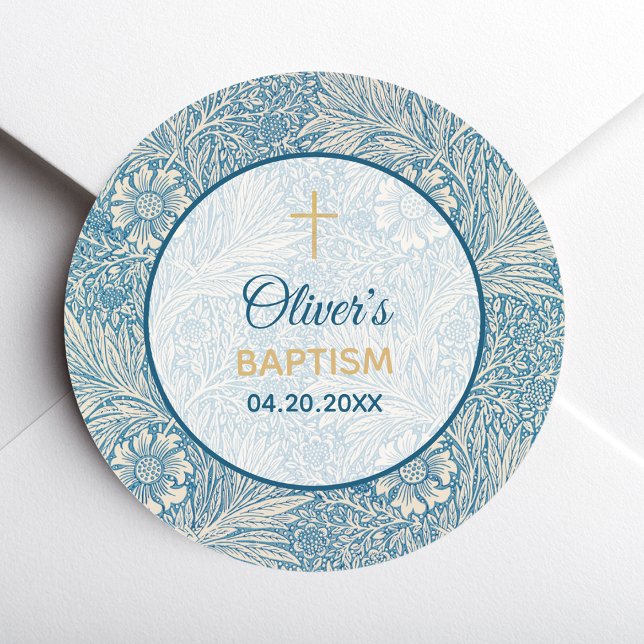 Pegatina Redonda Bautizo de Niño Azul Floral Marigold William Morri (Subido por el creador)