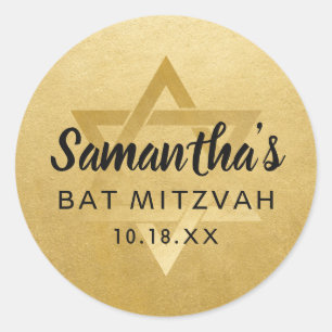 Pegatina Redonda Bautizo de oro Bat Mitzvah Estrella de David Nombr