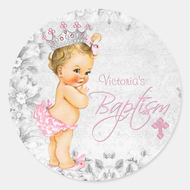 Pegatina Redonda Bautizo de princesa rosa y gris (Anverso)