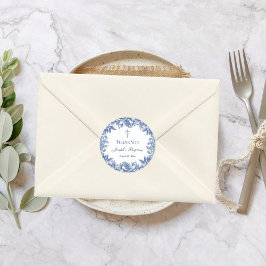 Pegatina Redonda Bautizo Flor Toile Azul