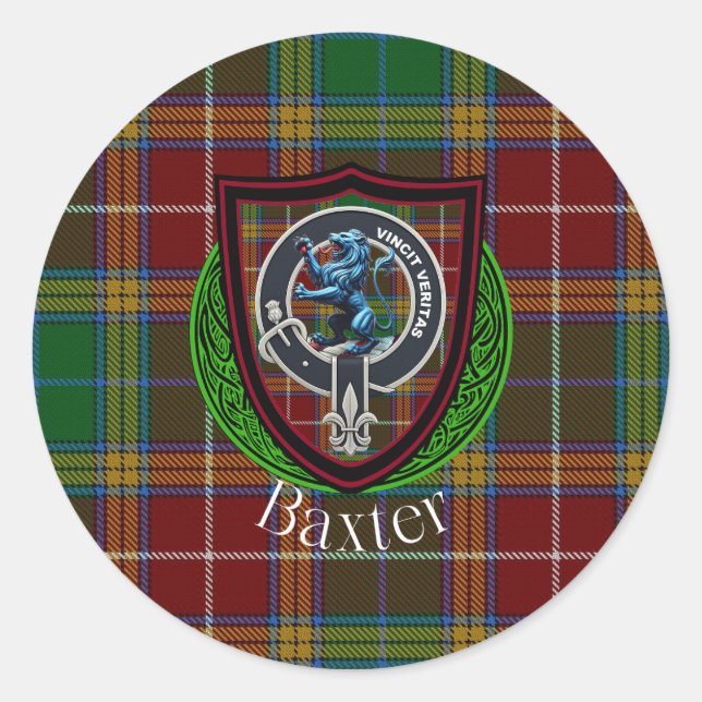 Pegatina Redonda Baxter Scottish Clan Tartan & Crest (Anverso)