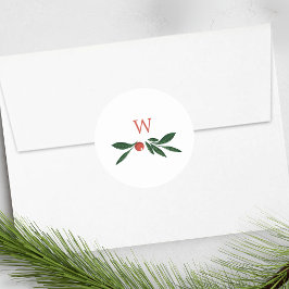 Pegatina Redonda bayas festivas navidades tradicionales verdes y ro