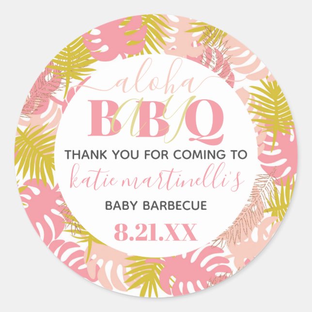 Pegatina Redonda BBQ Baby Shower Tropical Gracias (Anverso)