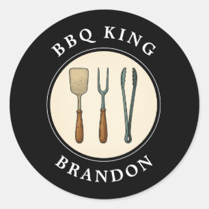 Pegatina Redonda BBQ King Grilling Tools Emblem Dad Name