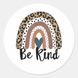 Pegatina Redonda Be Kind Leopard Rainbow Boho inspirador