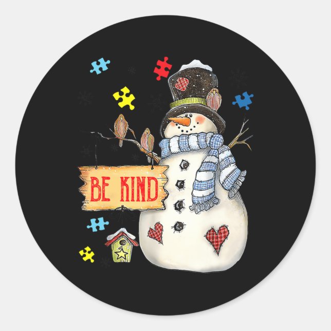 Pegatina Redonda Be Kind Snowman Puzzle Autism Awareness Funny Fami (Anverso)
