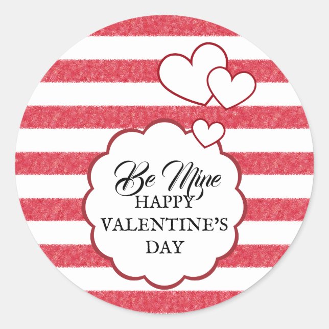 Pegatina Redonda Be Mine Happy Valentine's Day Heart Chalk Stripes (Anverso)