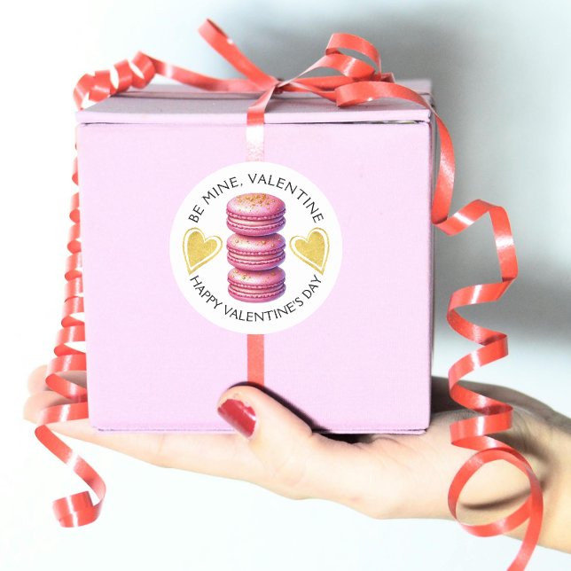 Pegatina Redonda Be Mine Valentine Happy Valentine Day Macaron (Valentine's Day or any baking sticker design with curved text.)