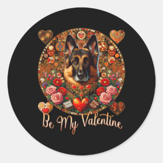 Pegatina Redonda Be My Valentine Dog Flower Red Heart Day - German 