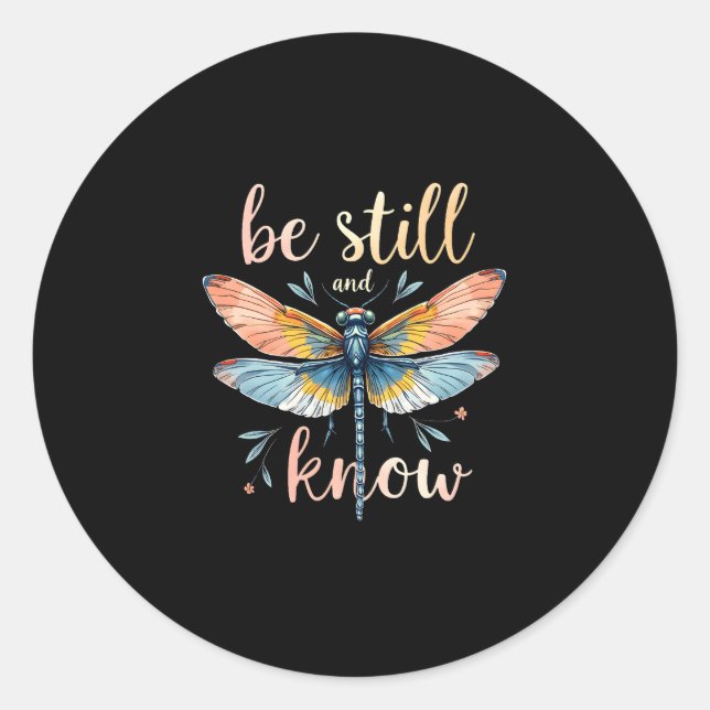 Pegatina Redonda Be still and know Floral Dragonfly Christian Summe (Anverso)