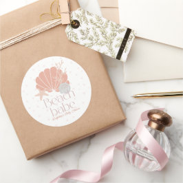 Pegatina Redonda Beach Babe Seashell Pink Girl Baby Shower