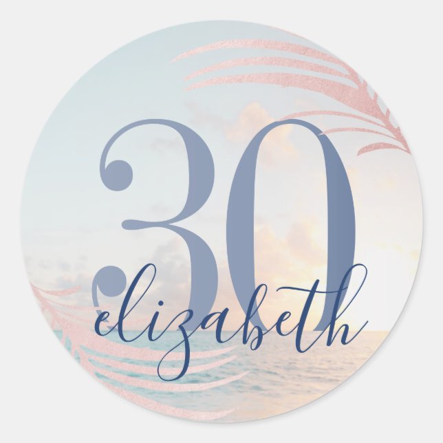 Pegatina Redonda Beach Birthday Party Personalizado Age Name Favor (Anverso)