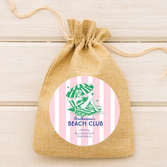 Pegatina Redonda Beach Club Pink Cabana Stripe Birthday Party (Subido por el creador)
