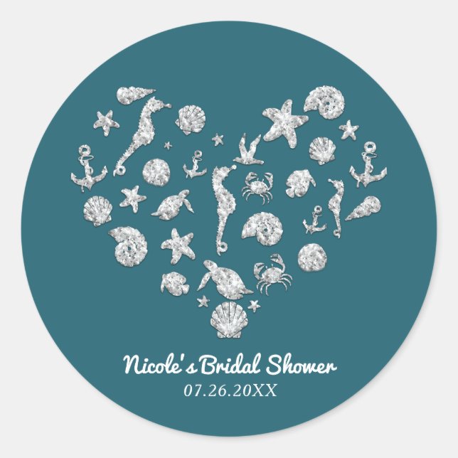 Pegatina Redonda Beach Glam Diamond Heart Bridal Shower Favor (Anverso)