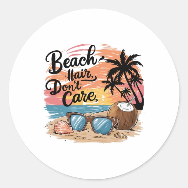 Pegatina Redonda Beach Hair Don't Care Vacation Summer Vibes Coconu (Anverso)