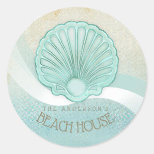 Pegatina Redonda Beach House Clam Shell Aqua Blue ID623