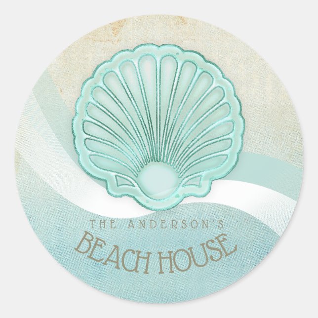Pegatina Redonda Beach House Clam Shell Aqua Blue ID623 (Anverso)