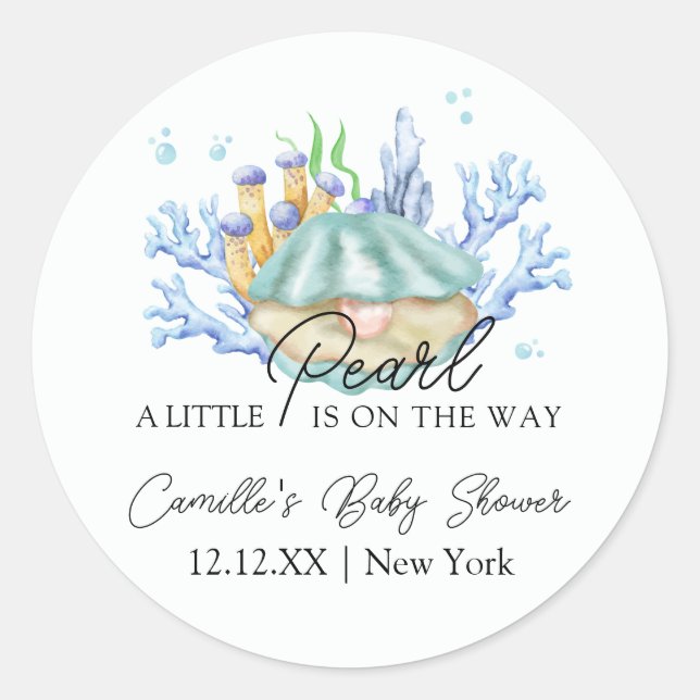 Pegatina Redonda Beach Ocean Pearl Under Sea Baby Shower (Anverso)