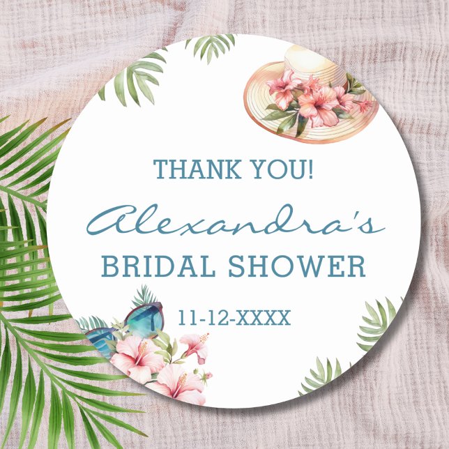 Pegatina Redonda Beach Pink Floral Tropical Bridal Shower (Subido por el creador)