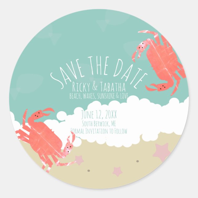 Pegatina Redonda Beach Save the Date Crab Sand Ocean Waves (Anverso)