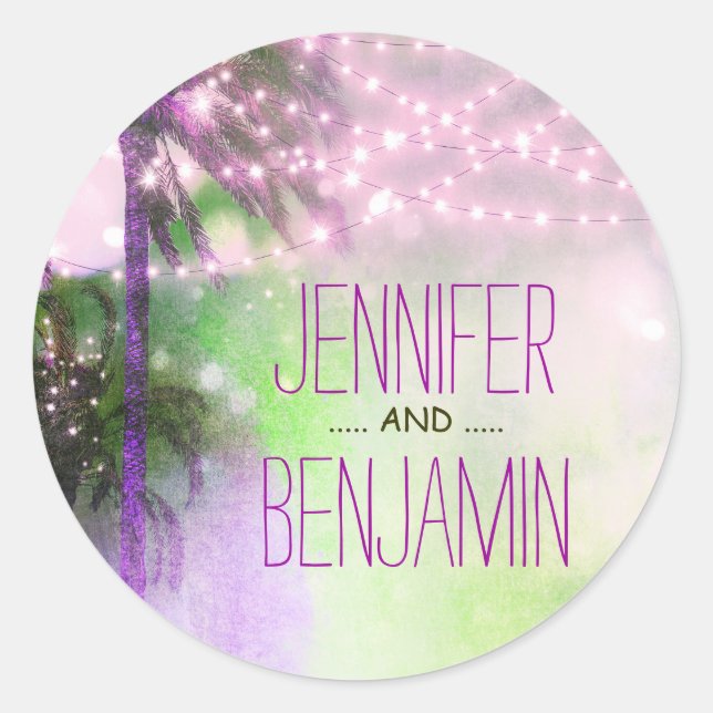 Pegatina Redonda Beach Sunset Palm String ilumina Boda púrpura (Anverso)