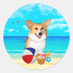 Pegatina Redonda Beach Time Corgi