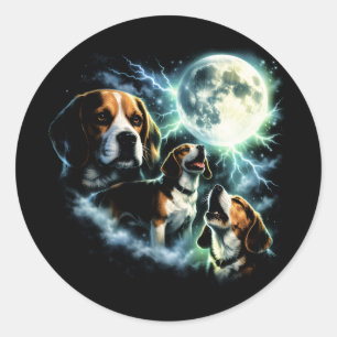 Pegatina Redonda Beagle Aullando a la Luna – Perro de Caza Nocturno