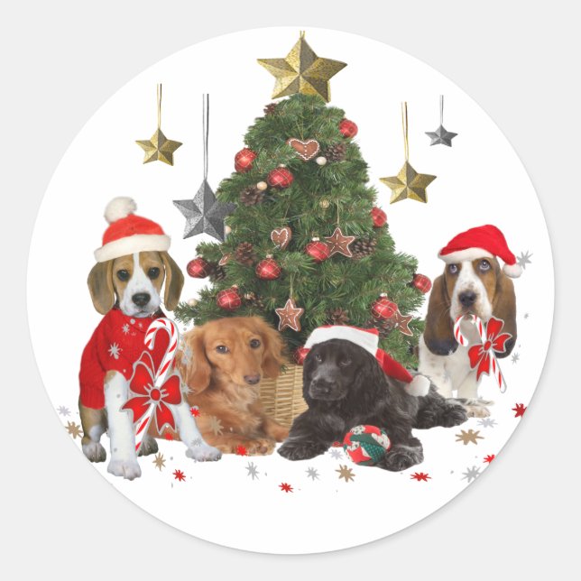 Pegatina Redonda Beagle, Basset, Navidades Cocker (Anverso)