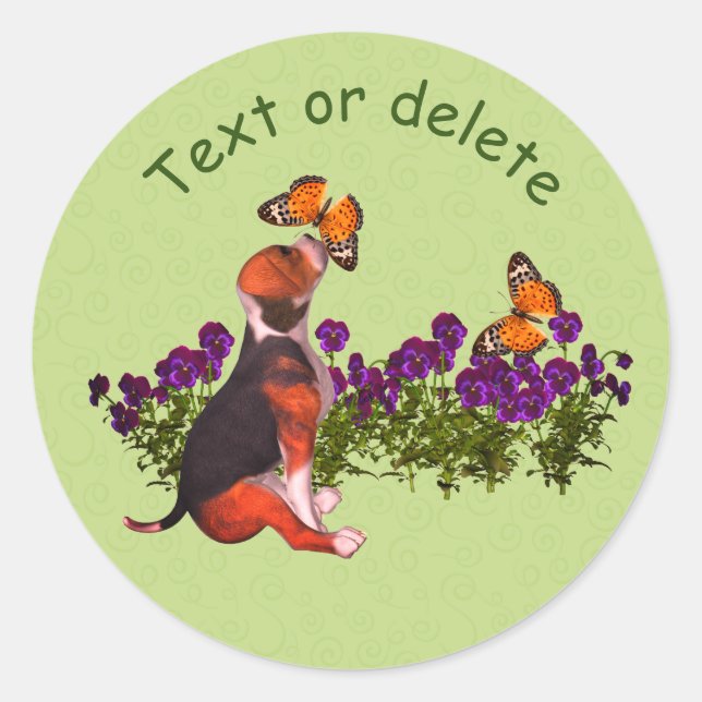 Pegatina Redonda Beagle Butterflies Pansies Cute Personalizado (Anverso)