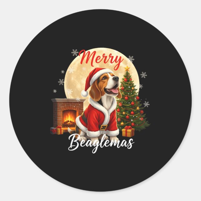 Pegatina Redonda Beagle Christmas Beagle Costume Beagle Xmas Merry  (Anverso)