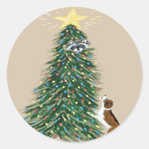 Pegatina Redonda Beagle Con Raccoon De Árbol