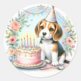 Pegatina Redonda Beagle de Cachorro Pastel Cute Pastel - Cumpleaños