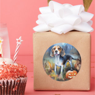 Pegatina Redonda Beagle de Halloween con calabazas aterradoras