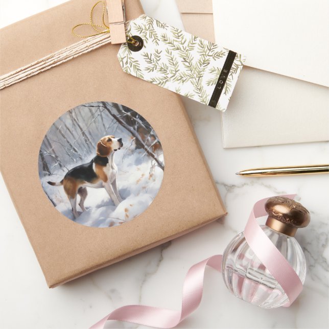 Pegatina Redonda Beagle Deja que nieve Navidad (Regalar)