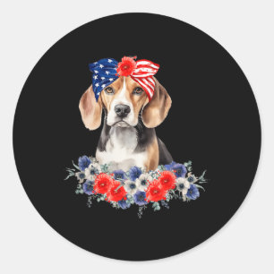 Pegatina Redonda Beagle Dog Bandana Bandera Estadounidense 4 De Jul