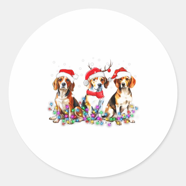 Pegatina Redonda Beagle Dog Christmas Lights Cute Pet Matching Fami (Anverso)