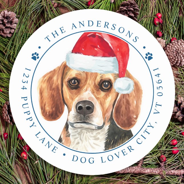 Pegatina Redonda Beagle Dog Navidades personalizados Dirección de R (Subido por el creador)
